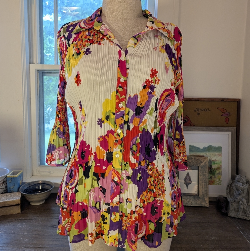 Maggie Barnes Cream and Red Pleated Blouse